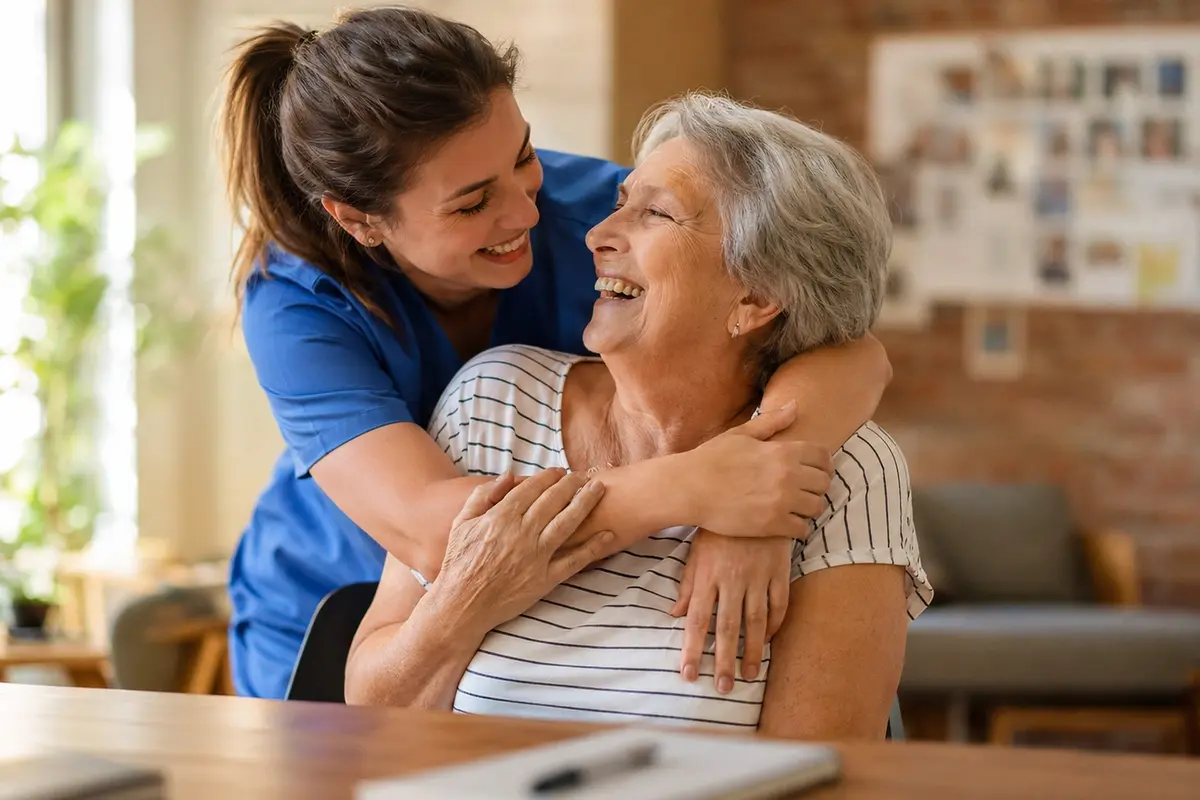 Seniorin und Begleiterin im Gespräch